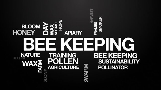 Bee keeping concept Animated Tag Word Cloud kinetic typography, Text Design Animation typography seamless loop video motion graphics Intro Wordart arrangement tagcloud white type on black background b