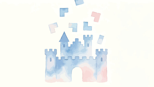 Dreamy Soft Watercolor Illustration of a Pastel Blue-Pink Gradient Fairy Tale Castle with Floating Falling Building Blocks on Plain White Background