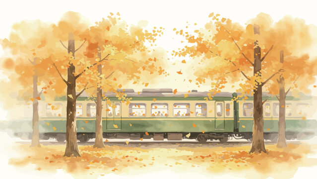 Soft Atmospheric Watercolor Painting of Vintage Green and Cream Passenger Train Behind Golden Autumn Ginkgo Trees with Falling Leaves, Peaceful Fall Landscape