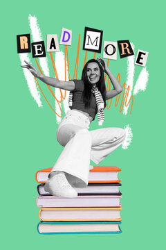 Pop poster collage of person dance book under slogan text read more on green background