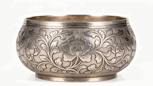 Vintage Hand-Finished Silver Bowl With Chased Repousse Peony And Scroll Floral Motifs, Gilded Interior, Stippled Textured Background