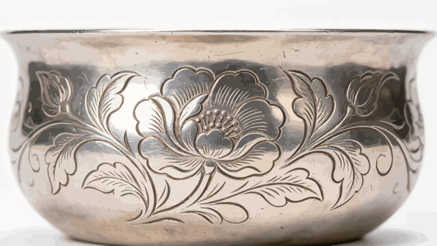 Close-Up of Antique Hand-Engraved Silver Bowl with Chased Peony Floral Motif, Aged Patina, Traditional Decorative Metal Craftsmanship