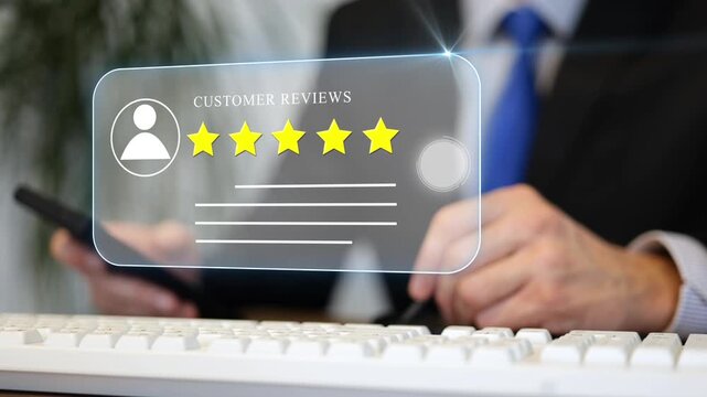 Businessman giving positive five star customer feedback review rating on virtual screen in modern office