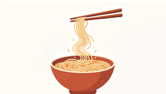 Minimalist flat vector illustration of brown wooden chopsticks lifting curly noodles from a warm red noodle bowl, with tiny broth droplets, set against a soft off-white neutral background