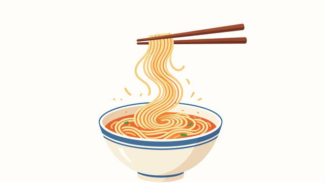 Minimalist flat vector illustration of wooden chopsticks lifting curled soup noodles from a blue-rimmed ceramic bowl of red savory broth with scallion bits, set against a clean plain white background