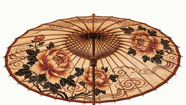 Underside View of Traditional Hand-Painted Bamboo Oil Paper Umbrella Featuring Peony Floral and Scroll Cloud Motifs, Warm Earth Palette Against Plain White Background