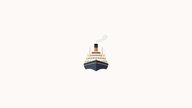 Minimalist flat design illustration of a classic vintage ocean liner steamship, centered on a soft off-white background with pale smoke rising from its smokestack