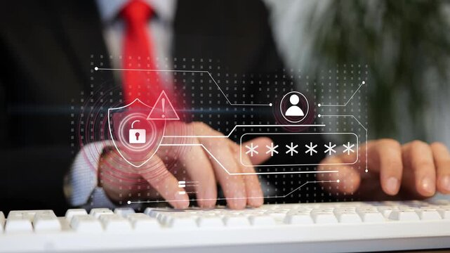 Businessman typing login password on computer with broken cybersecurity shield, red warning sign and stolen password concept. Cyberattack