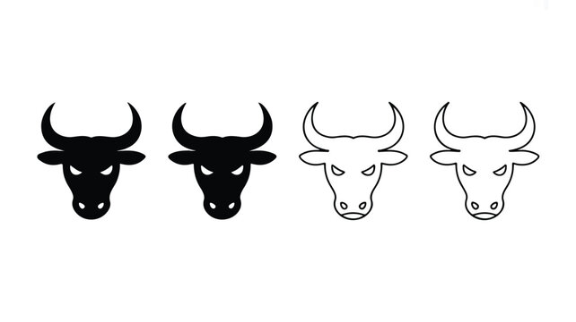 A minimalist black and white logo design featuring four bull heads in different styles