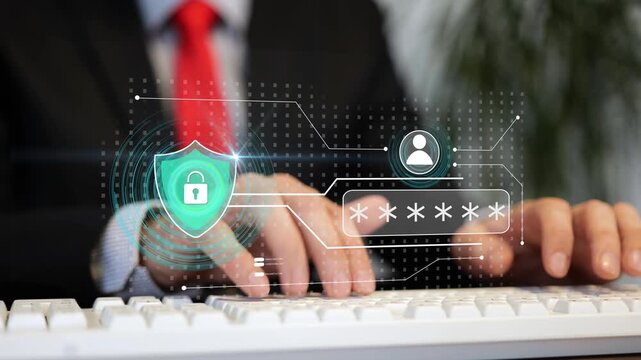 Businessman typing login password on computer with authentication, cybersecurity shield animation and digital data protection concept