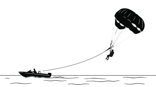 Silhouette of a person parasailing behind a motorboat on the sea, extreme summer water sports and beach activity concept