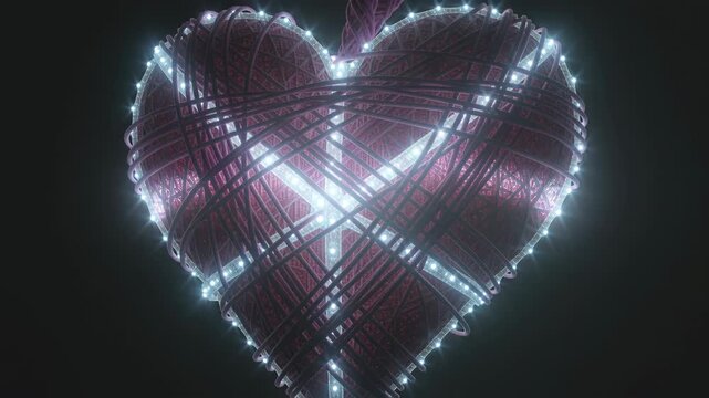 Heart shape made from interwoven threads and glowing string lights for expressing affection, romance, and celebration.