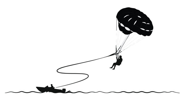 Parasailing adventure water sports illustration with person being towed by boat in ocean on sunny day with parachute