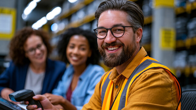 E-commerce warehouse team lead conducting end-of-shift inventory audit with handheld scanner, group dynamic of two associates reviewing shrinkage data, pallet racks extending into distance, summer e