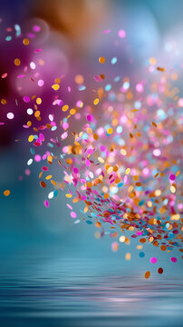 Festive colorful confetti bursting in the air over calm water surface with soft pastel bokeh lights background. AI generated
