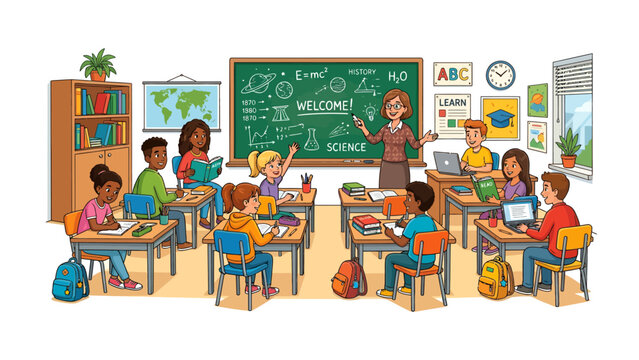 Classroom Learning: A vibrant elementary school classroom comes alive with a teacher engaging a diverse group of young students in a lesson, filled with curiosity and eagerness to learn.
