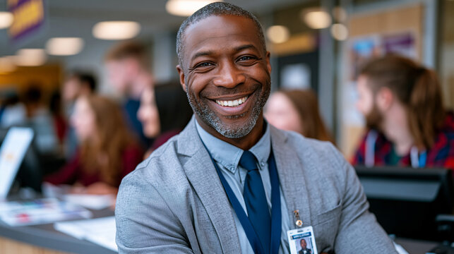 Former Army sergeant wearing business casual attire at community college orientation desk, veteran student ID card visible, classmates around him, higher education reentry, postservice academic life