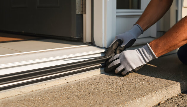 Hands in protective fabric gloves carefully applying a black rubber weather insulation seal strip to the bottom threshold of an exterior modern front door