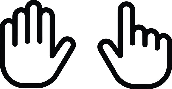 Two minimalist black hand icons illustrating a flat open palm gesture and a pointing finger