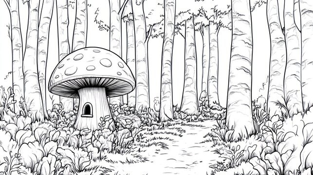 Fairy house mushroom forest path fantasy illustration, children's book