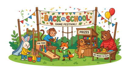 Naklejka premium Back to School Carnival with Animal Friends: A vibrant and cheerful scene depicts various animal characters enjoying a Back to School Game Festival with games, prizes, and festive decorations.