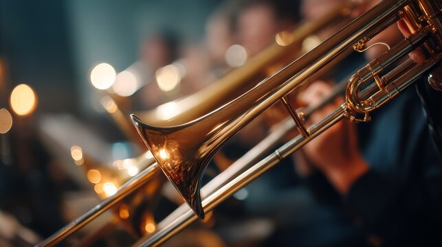 Golden trombones in a symphony orchestra setting, showcasing musical elegance.
