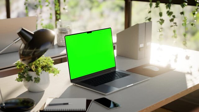 Laptop Green Screen Mockup on Desk in Bright Modern Office - Angle View