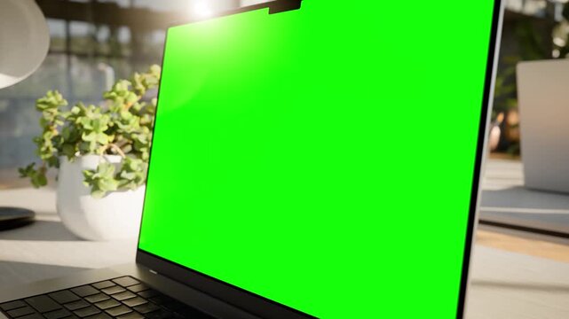 Laptop Green Screen Mockup on Desk in Bright Modern Office - Angle View
