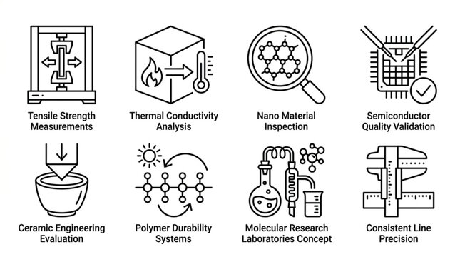 Scientific Research and Material Testing Icons Set.