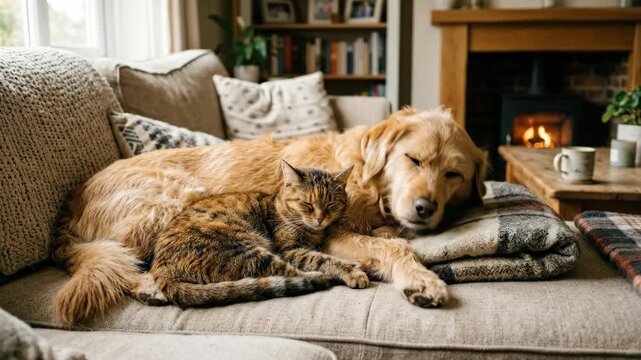 Cat and dog resting together on a couch, heartwarming pet companionship scene for home life, animal care, friendship and comfort themes, cozy interior, soft textures, gentle light, realistic fur