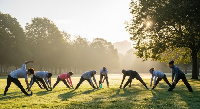 Alongamento em grupo ao ar livre em parque com luz solar para condicionamento f&iacute;sico e bem-estar.