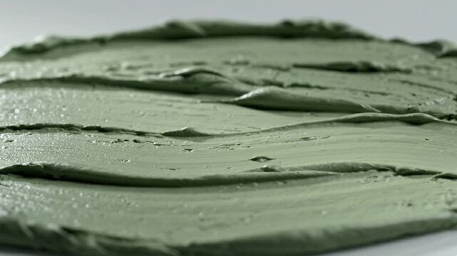 Green clay mask or cosmetic cream texture smeared on white surface close up