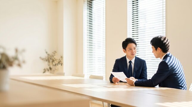 Two Asian businessmen discussing work at a bright office desk during the day.
