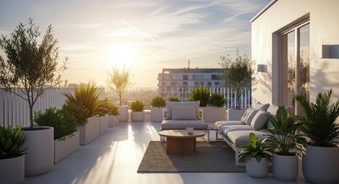 Terra&ccedil;o moderno na cobertura com plantas, mobili&aacute;rio e vista para a cidade sob a luz do sol.