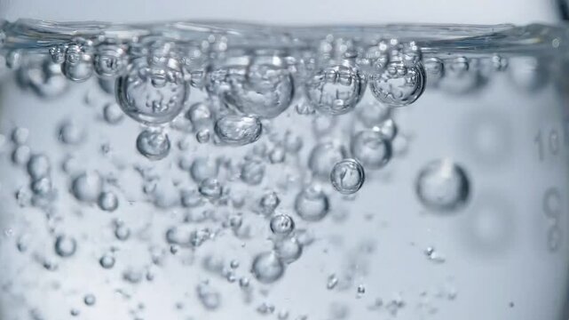 Clear water bubbles floating up inside glass beaker with science laboratory macro background