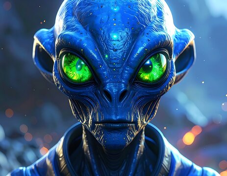A close-up of a blue alien with green eyes