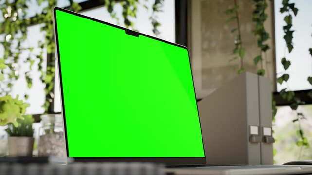 Laptop Green Screen Mockup on Desk in Bright Modern Office - Angle View