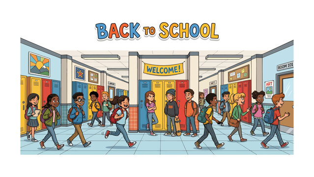 Back to School Hallway Scene: A vibrant cartoon illustration depicts a bustling school hallway with diverse students carrying backpacks, walking towards lockers adorned with a Welcome! banner.