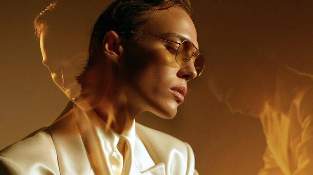 High-end conceptual portrait of a stylish model in a white silk suit and glasses with a ghost reflection overlay. Metaphor for mental fatigue and identity crisis.