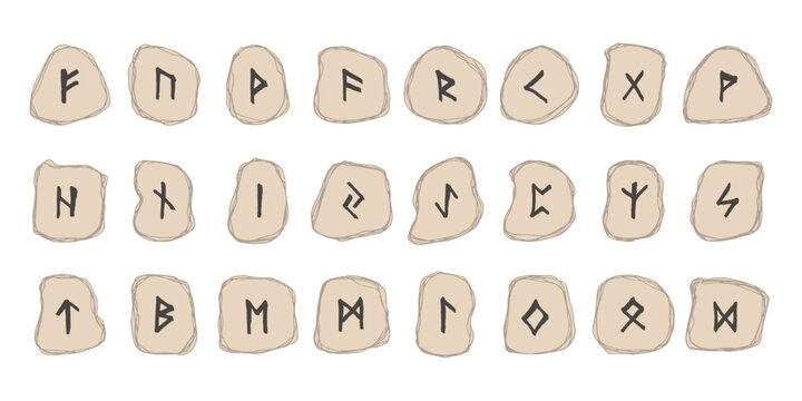 Set of hand drawn viking runes Rune stones with ancient norse alphabet characters engraved on them Scandinavian futhark germanic celtic Single element for design, print, web, decor
