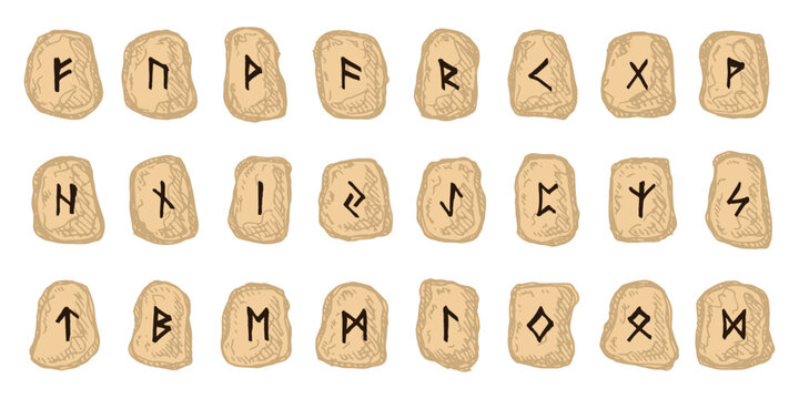 Set of hand drawn viking runes Rune stones with ancient norse alphabet characters engraved on them Scandinavian futhark germanic celtic Single element for design, print, web, decor