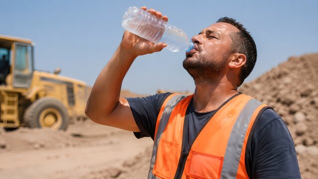 Construction worker drinking water during extreme summer heat