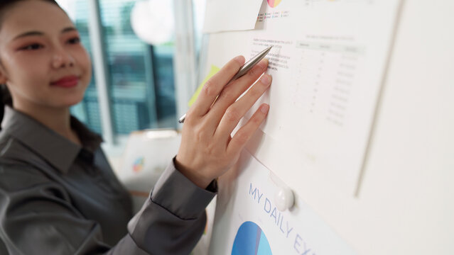 Asian woman presenting data on whiteboard in office meeting