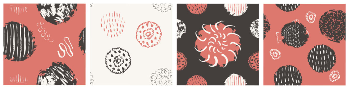 Hand Drawn Abstract Circle Seamless Pattern Set in Coral Red Black and Cream with Sketch Doodle Marks Collection
