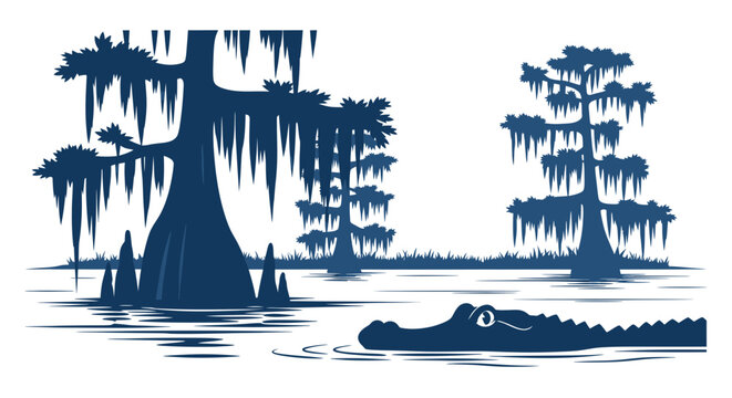 Alligator Swimming in Swamp with Cypress Trees and Spanish Moss Silhouette