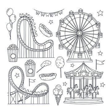 Amusement Park Fun: Roller Coaster, Ferris Wheel, Carousel, Food & Balloons - Sketch