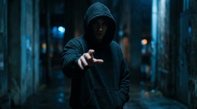Mysterious Man in Hoodie Standing in Dark Alley at Night
