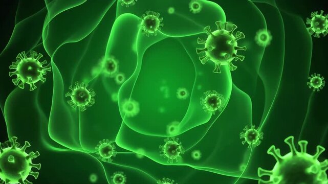 Green coronavirus cells floating in a microscopic fluid environment showing abstract viral replication and medical research motion graphic background