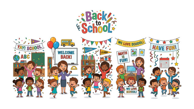 Back to School Excitement: A vibrant collection of diverse children and teachers celebrate the beginning of a new school year with joy and enthusiasm.