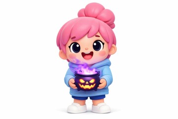 Fototapeta premium Cute cartoon character with pink hair holding a glowing Halloween cauldron